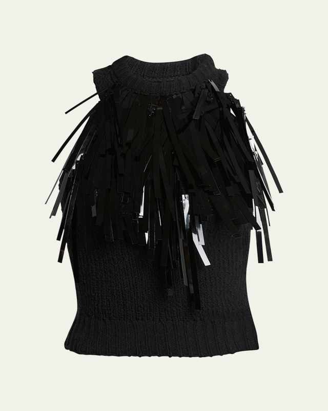 Fringe High-Neck Knit Top