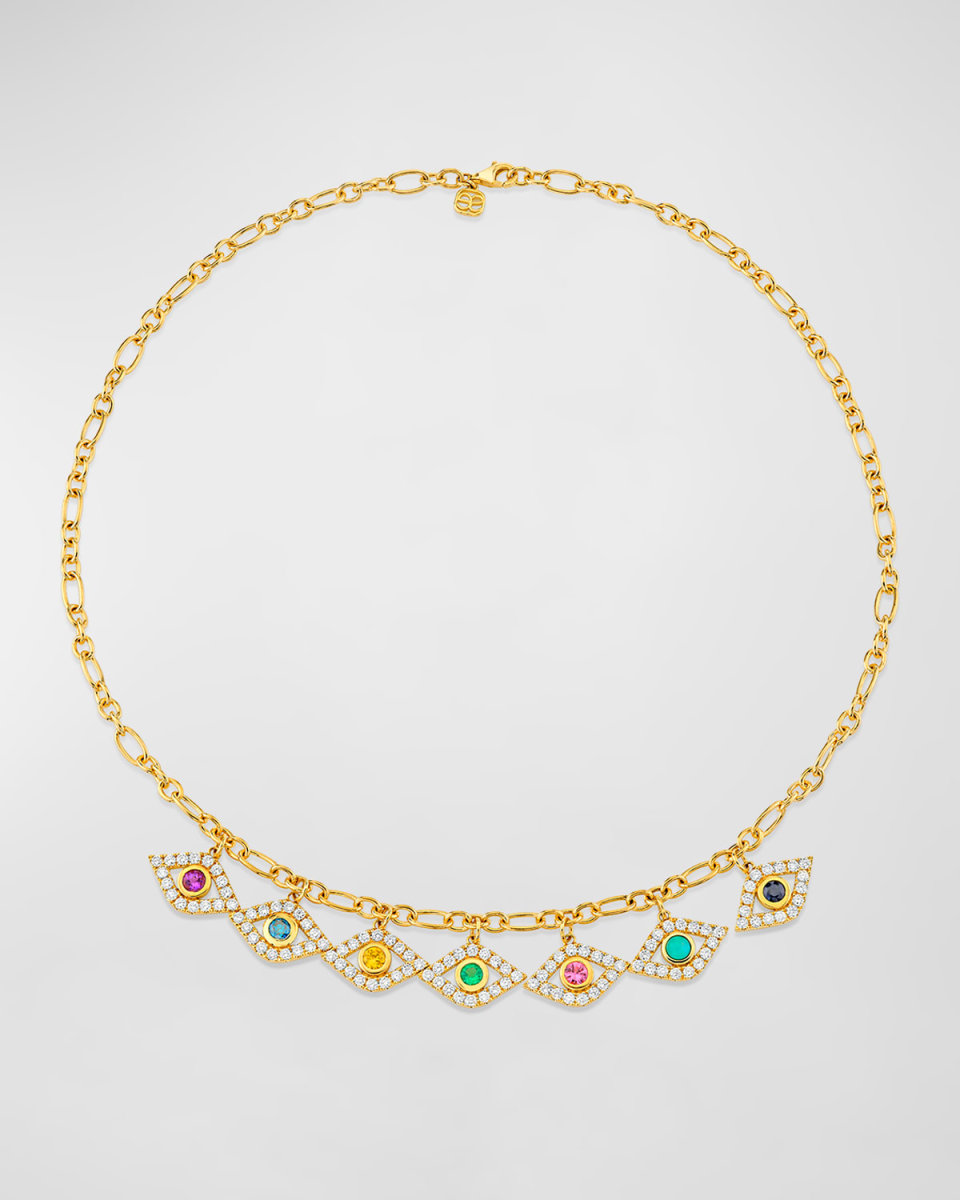 Rainbow 14K Gold and Diamond Evil Eye Charm Chain Necklace