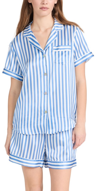 Petite Plume Azure Stripe Silk Short Set White/ Blue
