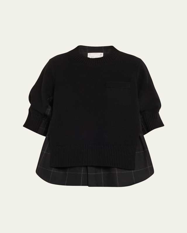 Hybrid Wool Top with Windowpane Print Underlay