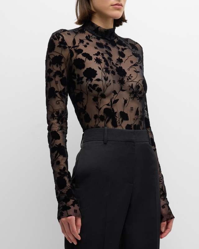 4G Floral Velvet Burnout Long-Sleeve Bodysuit
