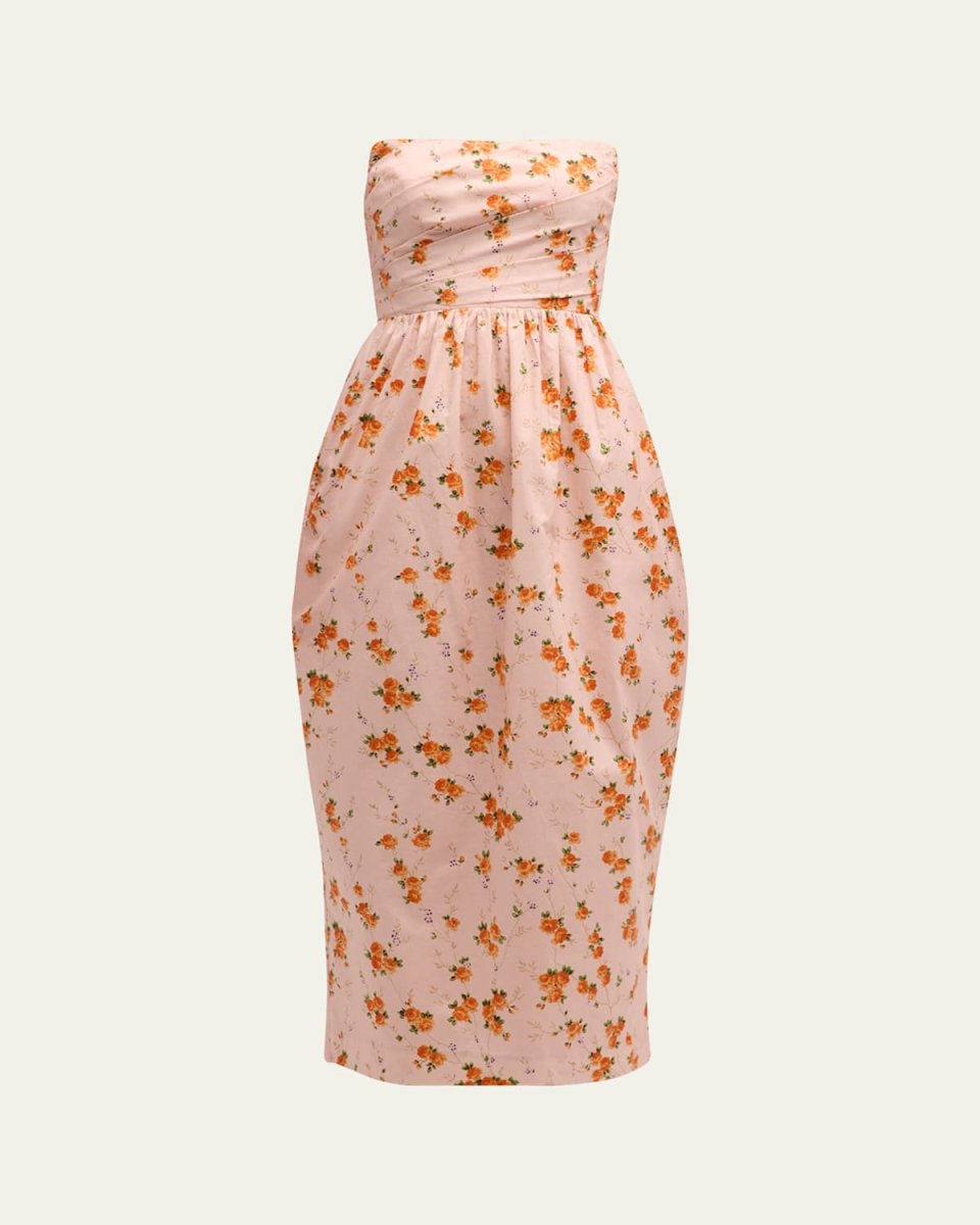 Luxie Strapless Asymmetric Draped Midi Dress