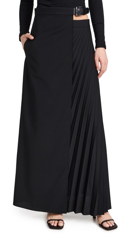 Tibi Recycled Tropical Wool Pleated Maxi Wrap Skirt Black