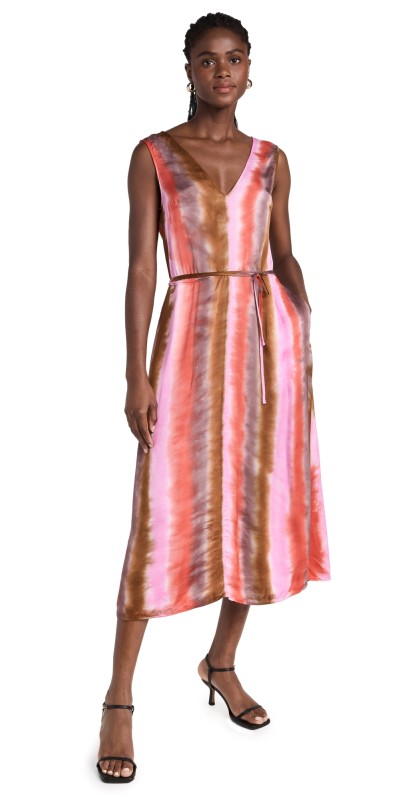 Raquel Allegra Aida Midi Dress Pink Red Stripes TR