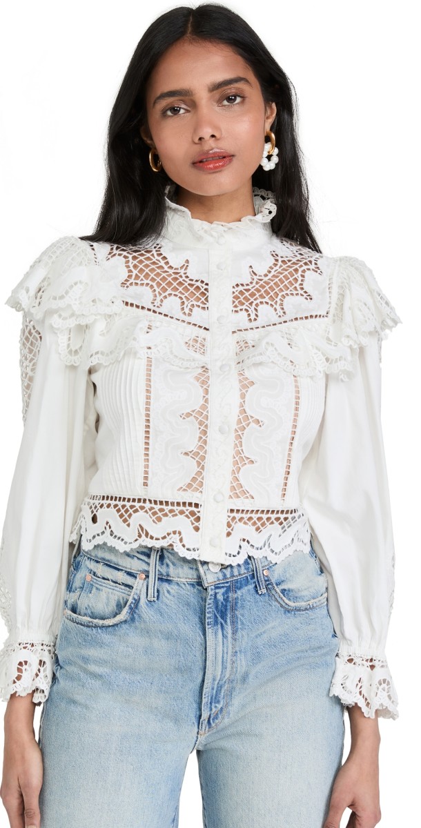 alice + olivia Marlo Eyelet Ruffle Blouse Off White