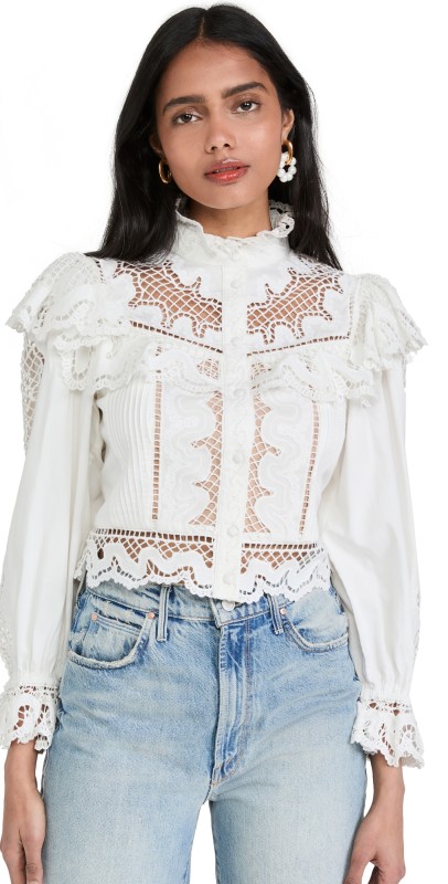 alice + olivia Marlo Eyelet Ruffle Blouse Off White