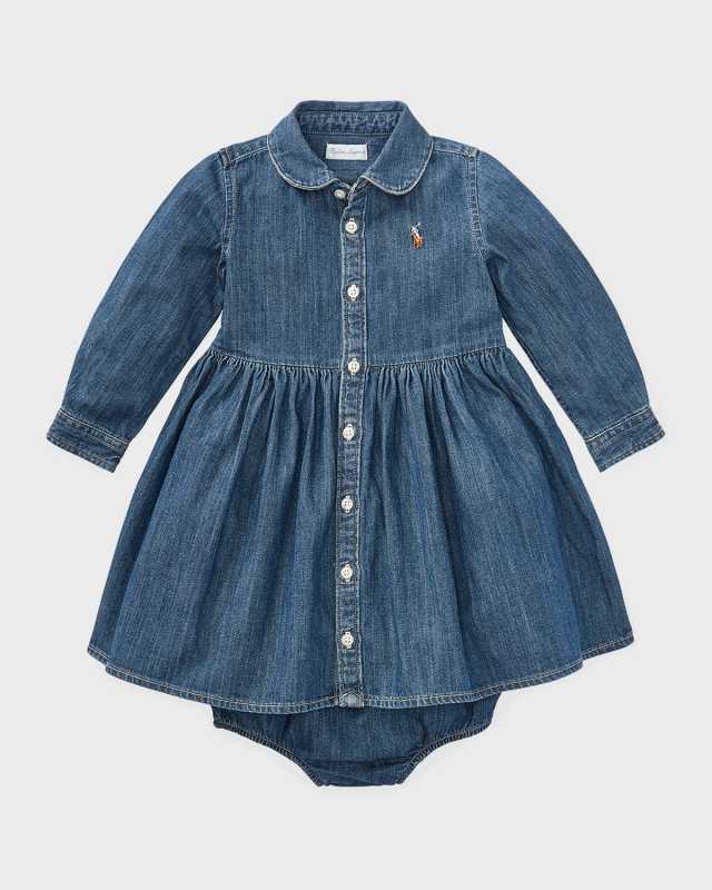 Girl's Belted Fit-and-Flare Denim Shirtdress, Size 3M-24