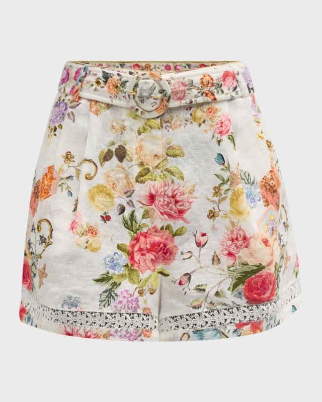 High-Waist Floral Linen Lace-Trim Shorts