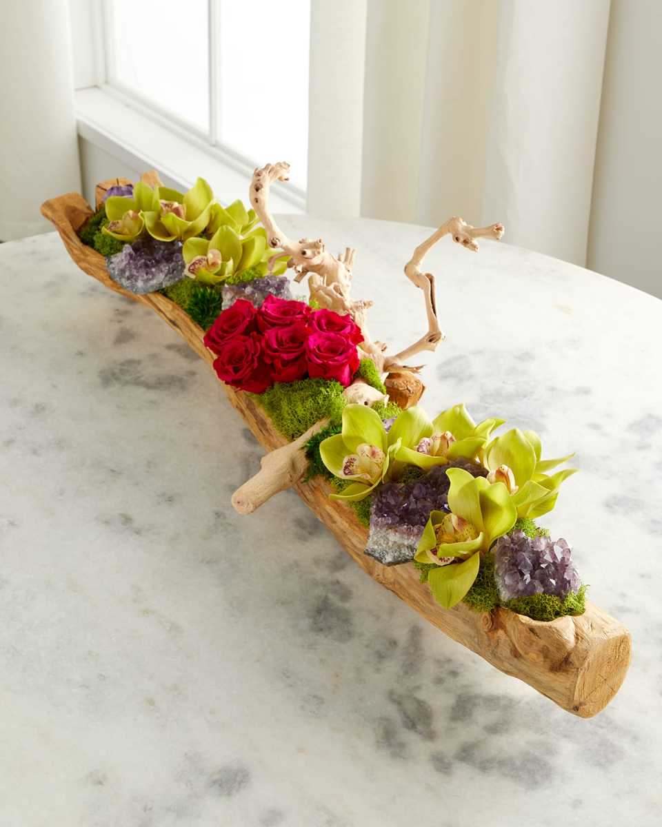 Log Filled with Preserved Stone Roses