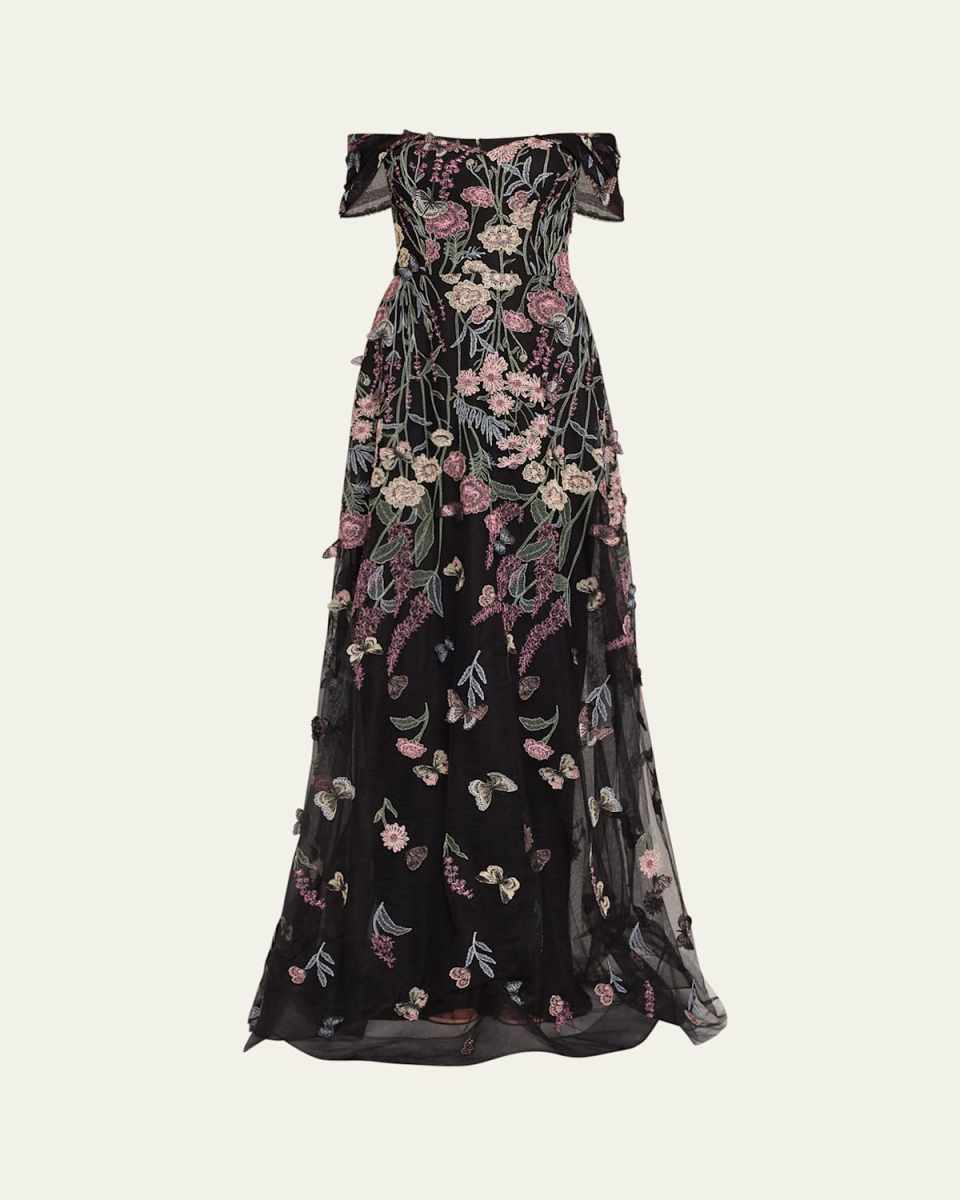 Off-Shoulder Embroidered Tulle Gown