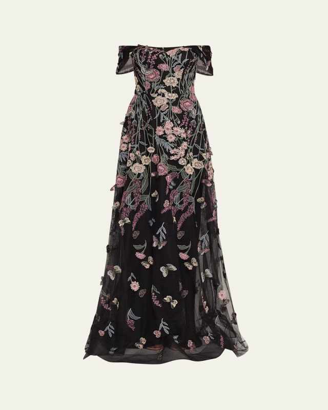 Off-Shoulder Embroidered Tulle Gown