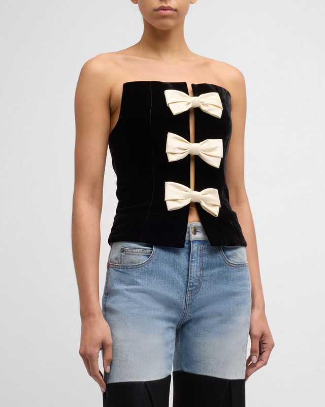 Marfa Bow Cutout Strapless Velvet Bustier Top