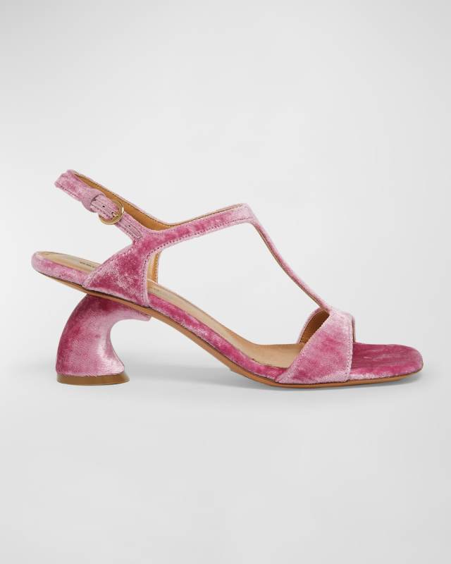 Velvet T-Strap Slingback Sandals