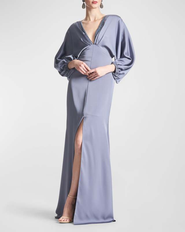 Gabby Beaded Blouson-Sleeve Satin Gown