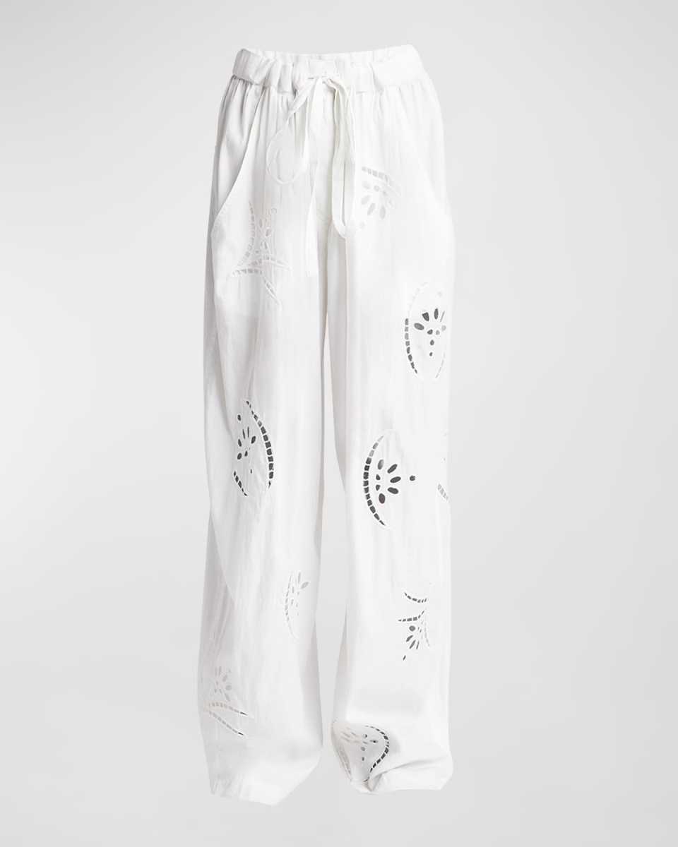 Hectorina Broderie Anglaise Wide-Leg Pull-On Pants
