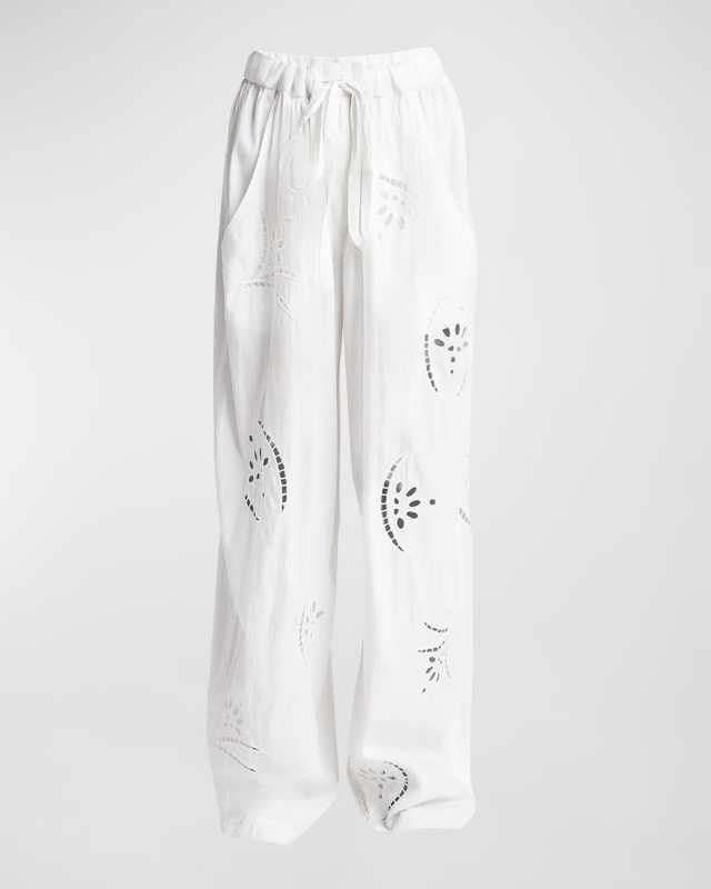 Hectorina Broderie Anglaise Wide-Leg Pull-On Pants
