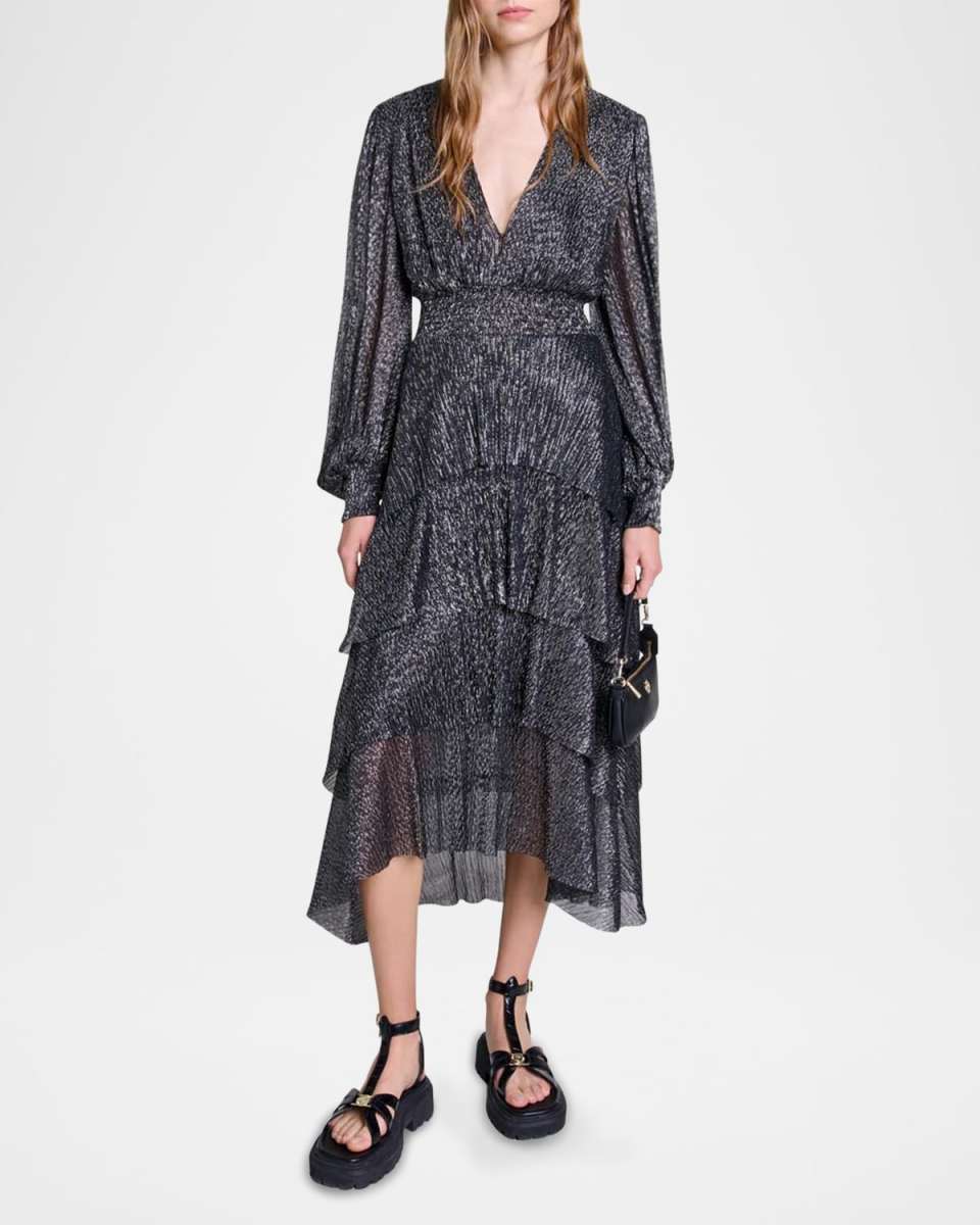 Ruffinitya Metallic Tiered Ruffle Midi Dress