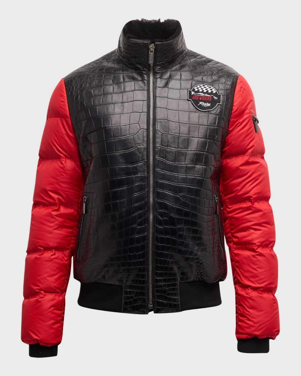 Men's Lamb Shearling-Collar Crocodile Leather Padded Bomber Jacket