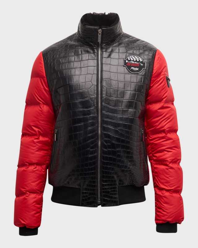 Men's Lamb Shearling-Collar Crocodile Leather Padded Bomber Jacket