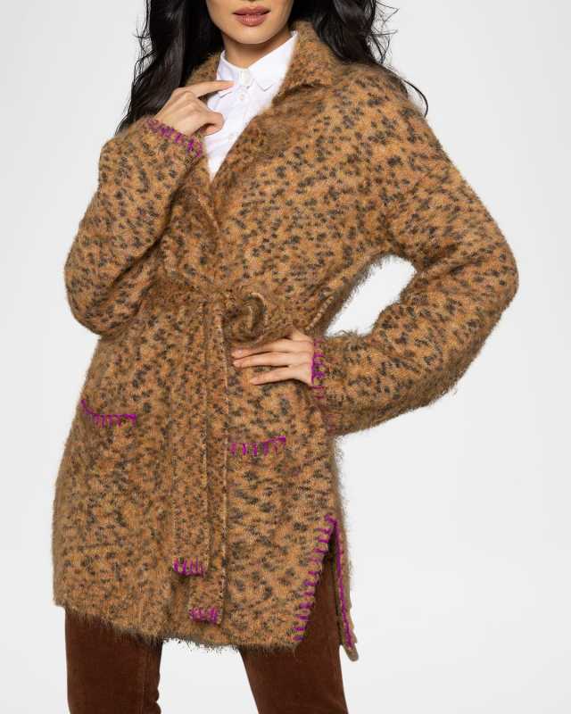 Eyelash Animal-Print Blanket Stitch Cardigan