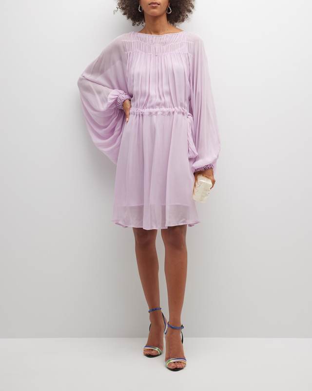 Pleated Poet-Sleeve Georgette Dress
