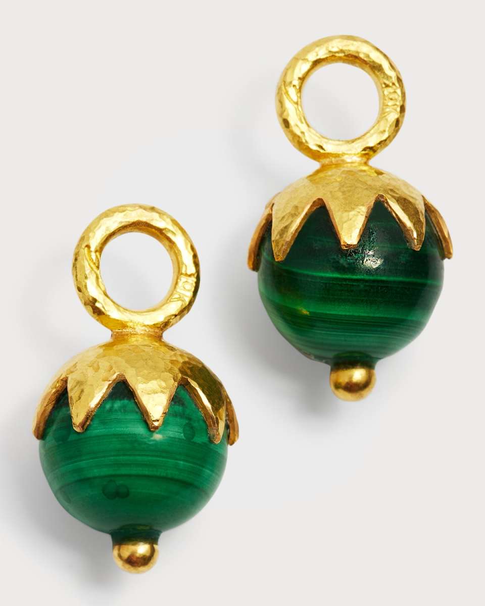 19K Yellow Gold Malachite Bead with Eggplant Cap Earring Charms for Hoops