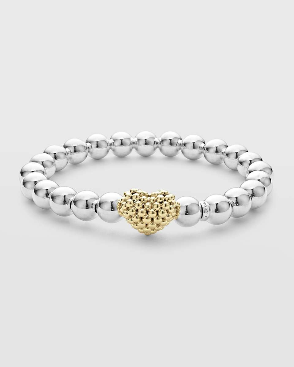 Sterling Silver and 18K Signature Caviar Heart 8mm Ball Stretch Bracelet
