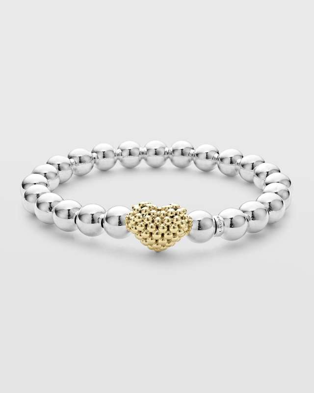 Sterling Silver and 18K Signature Caviar Heart 8mm Ball Stretch Bracelet