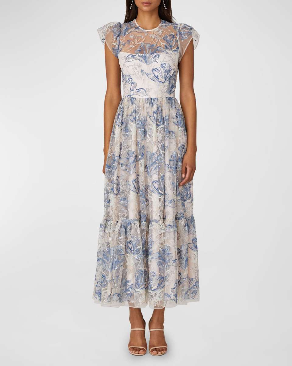 Cap-Sleeve Sequin Floral-Embroidered Maxi Dress
