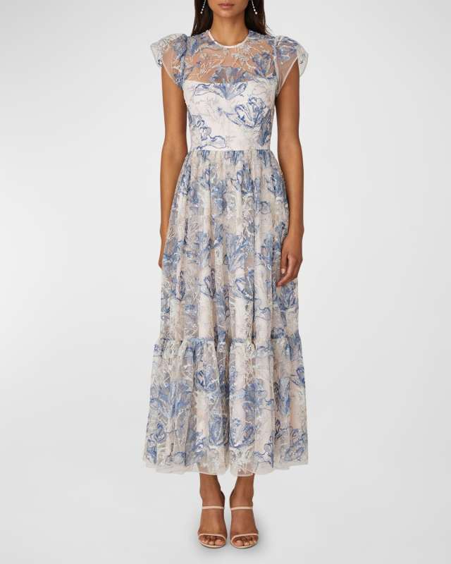 Cap-Sleeve Sequin Floral-Embroidered Maxi Dress
