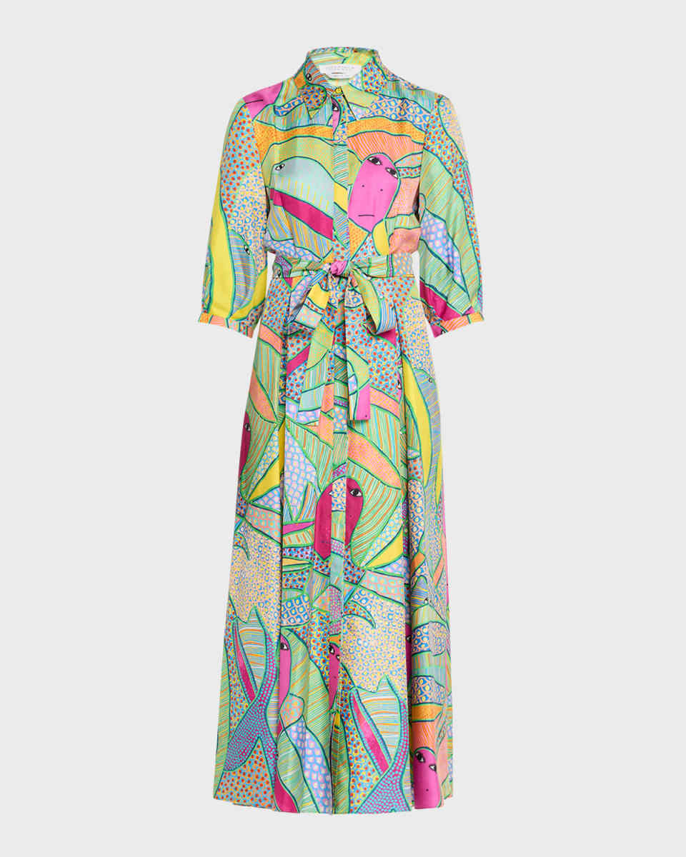 Andy Abstract-Print 3/4-Sleeve Belted Silk Maxi Shirtdress