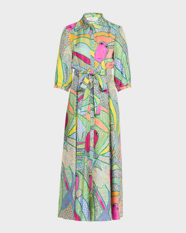 Andy Abstract-Print 3/4-Sleeve Belted Silk Maxi Shirtdress