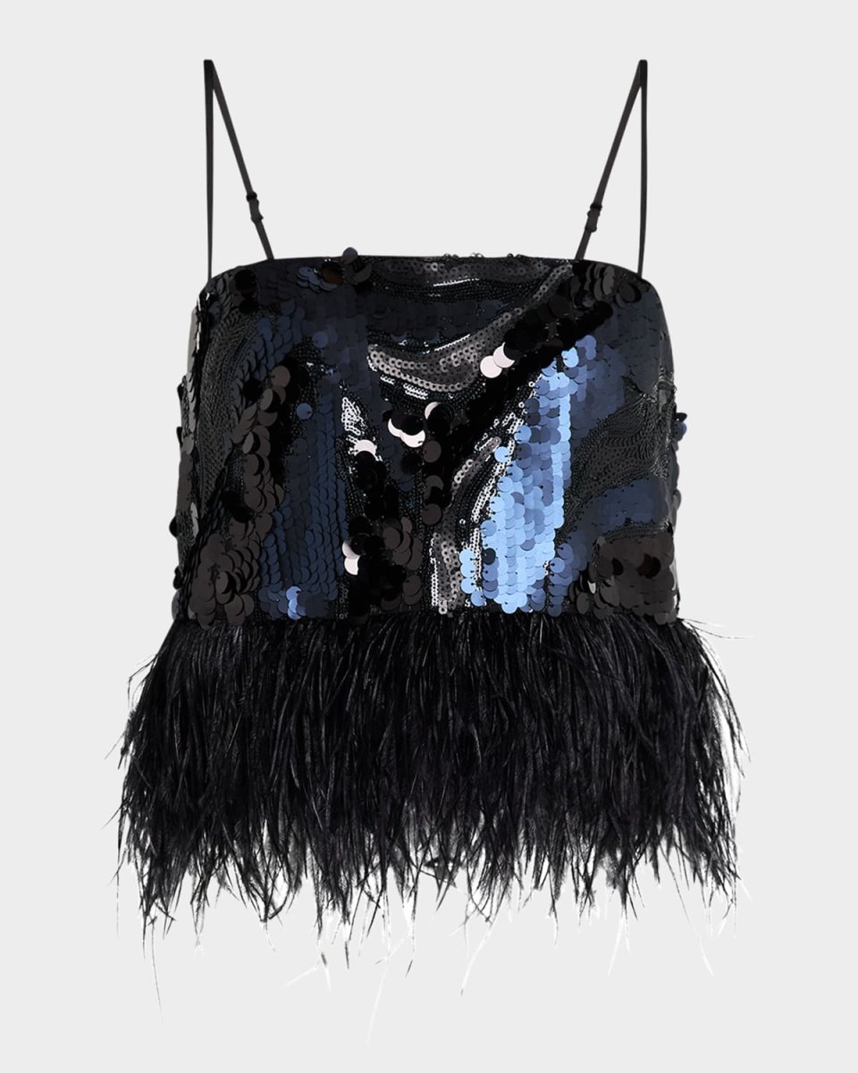 Stanley Sequined Feather-Trim Crop Top