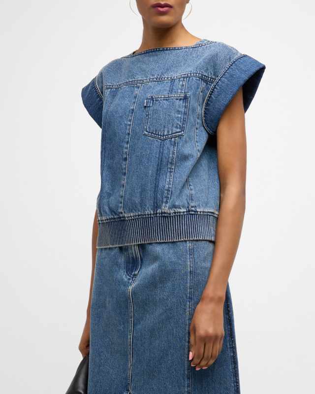 Deconstructed Short-Sleeve Denim Top