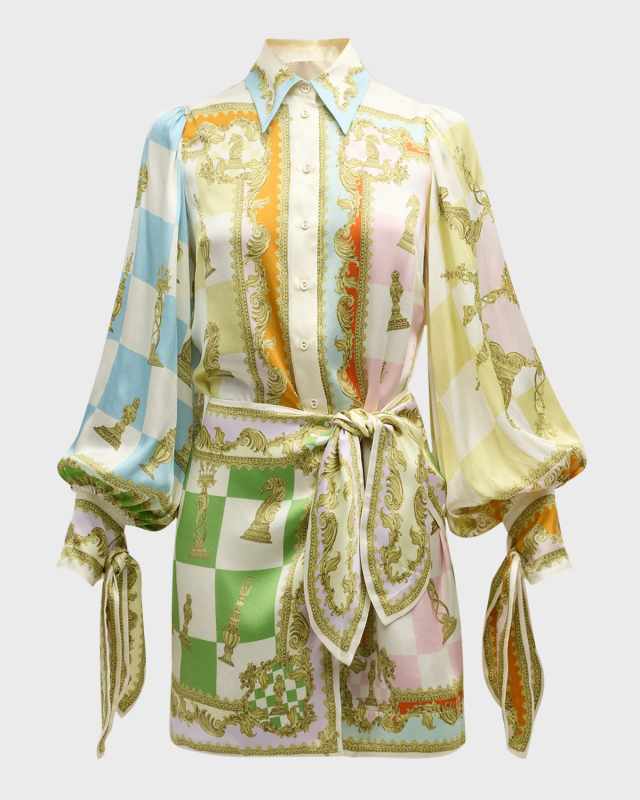 Checkmate Silk Satin Mini Wrap Shirtdress
