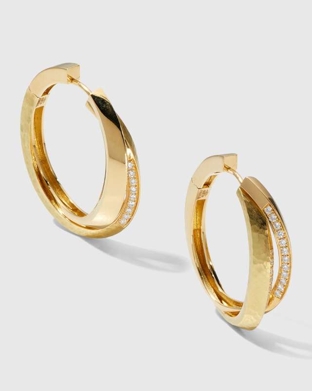 Yellow Gold Hammered Diamond Onda Hoop Earrings