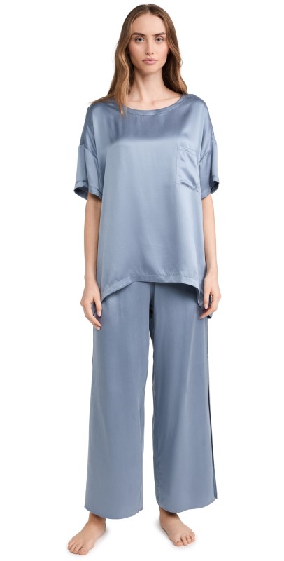 Lunya Washable Silk Tee Pants Set Pastoral Blue