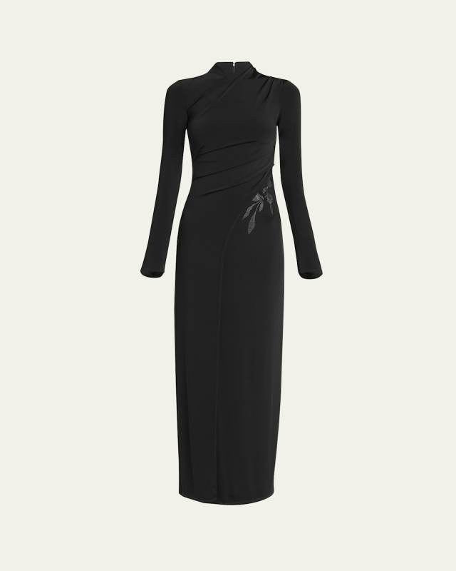 Jersey Column Gown with Beaded Floral Hip Detail