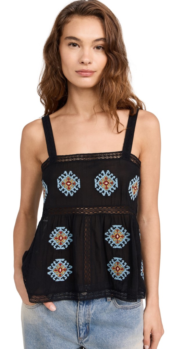 THE GREAT. The Roam Top with Folklore Embroidery Black