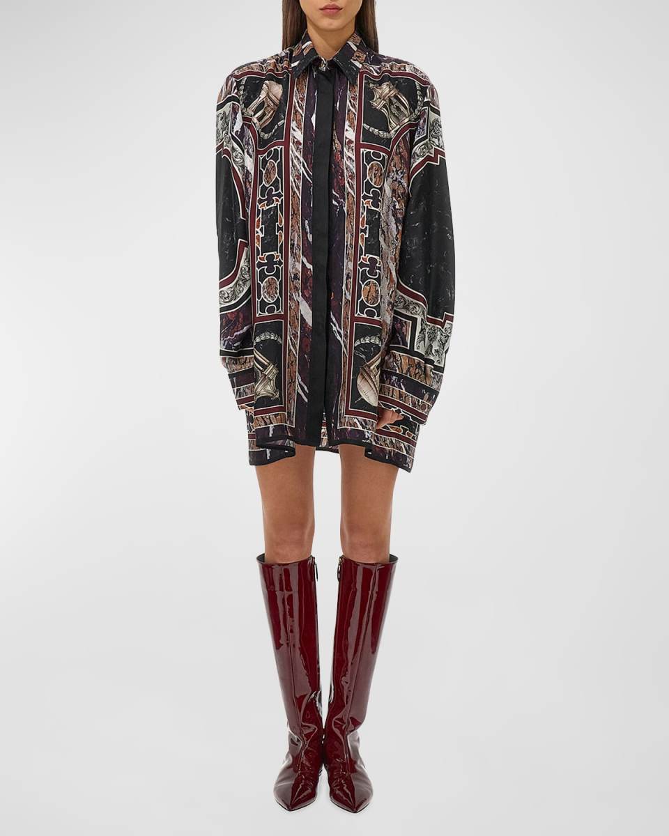 Mosaic Long-Sleeve Silk Mini Shirtdress