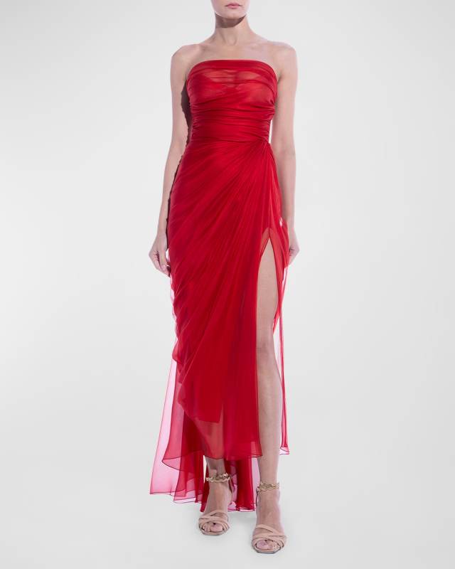 Bryony Strapless Draped Silk Chiffon Slit-Hem Midi Dress