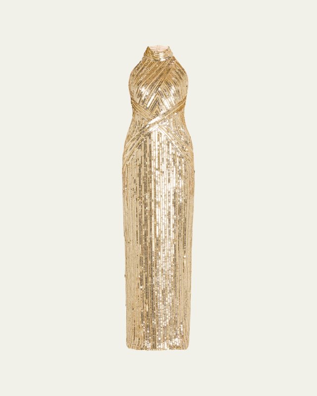 Sequined Halter Backless Column Gown