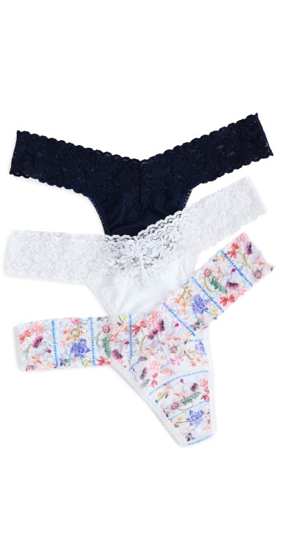 Hanky Panky Flower Crown Low Rise Thong 3 Pack White/Flower Crown/Navy