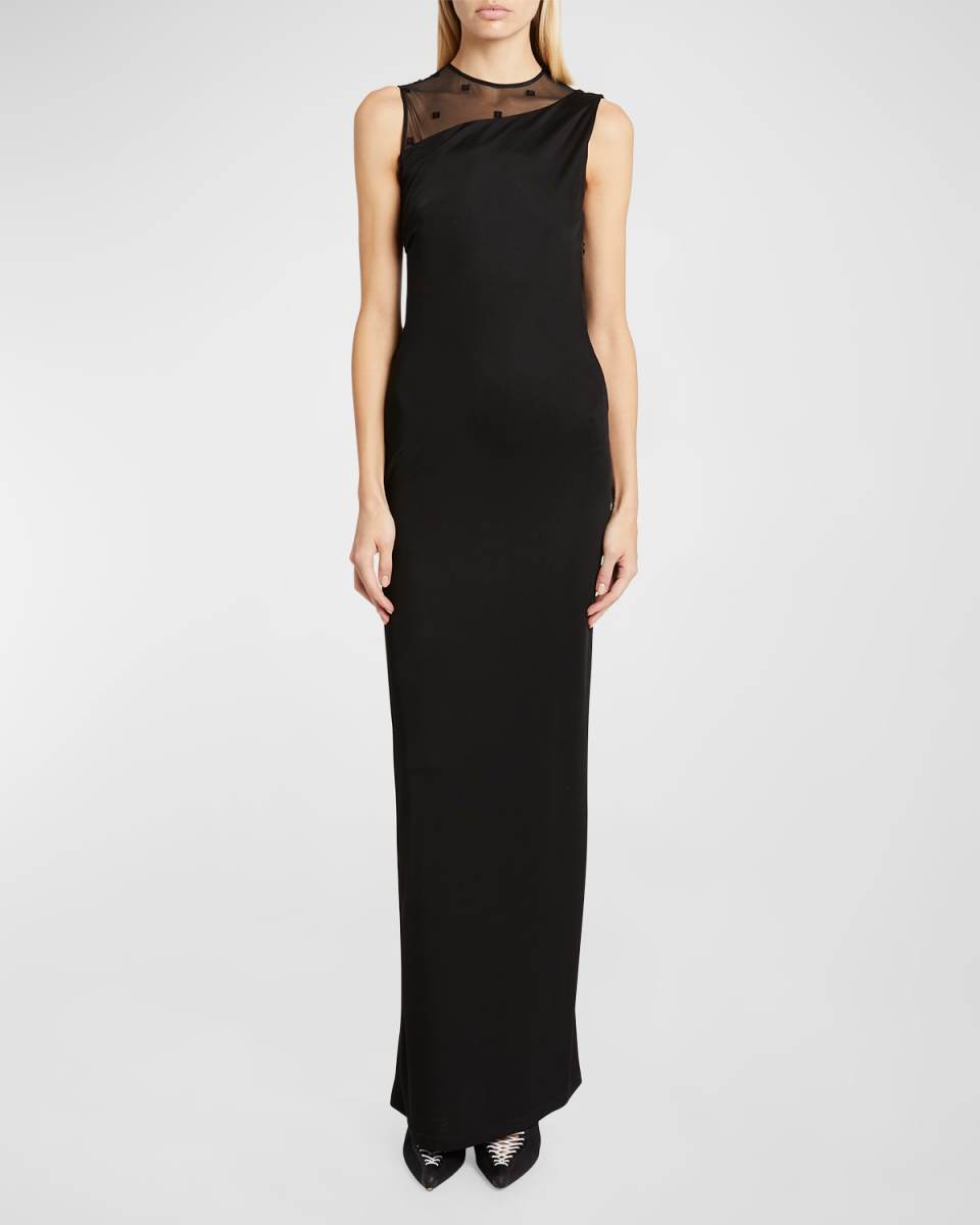Satin Column Gown with Tulle Inset Detail