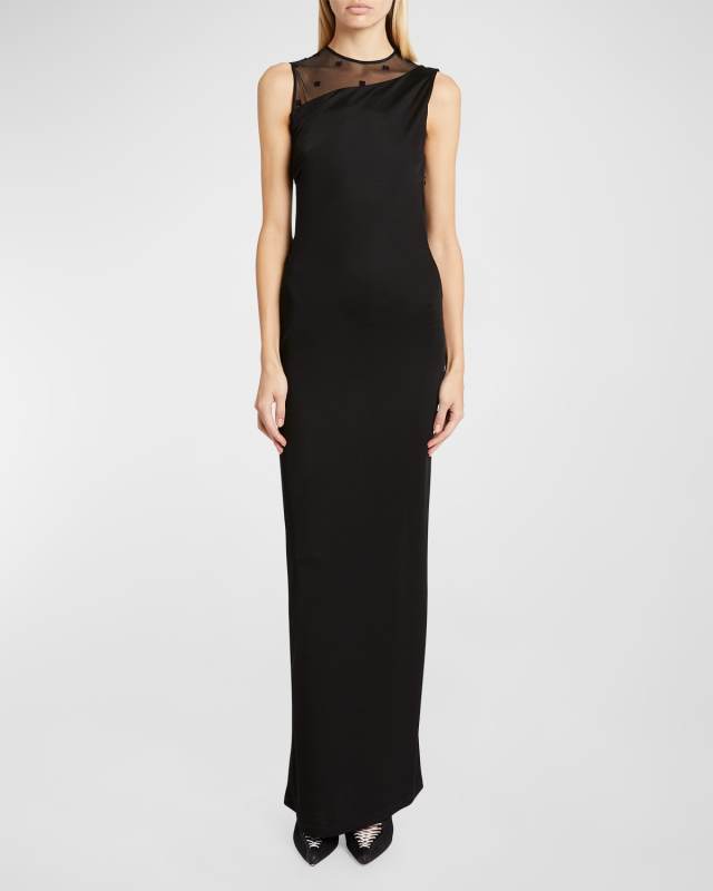 Satin Column Gown with Tulle Inset Detail
