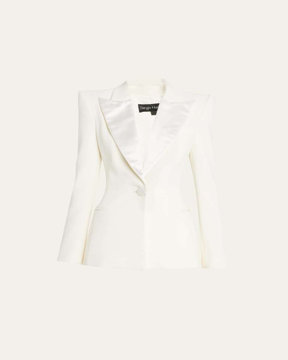 Strong-Shoulder Single-Breasted Crepe Tuxedo Blazer