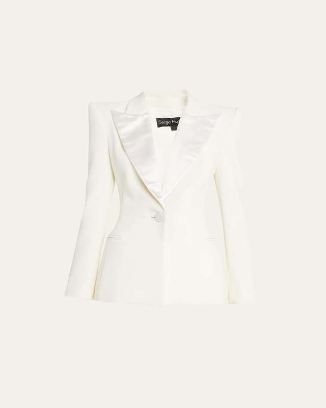 Strong-Shoulder Single-Breasted Crepe Tuxedo Blazer