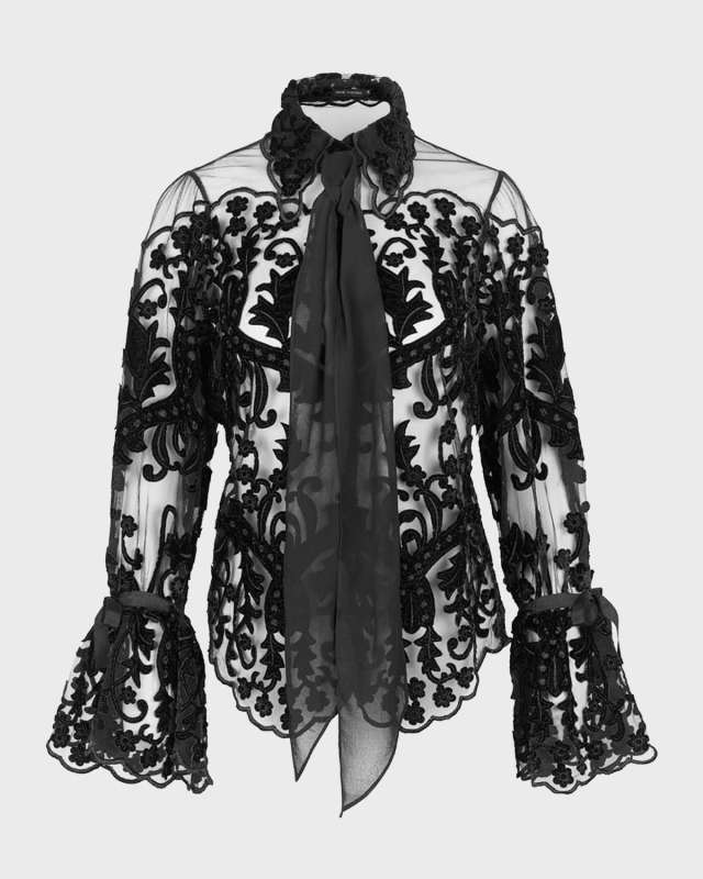 Arabesque Tie-Neck Embroidered Velvet Blouse