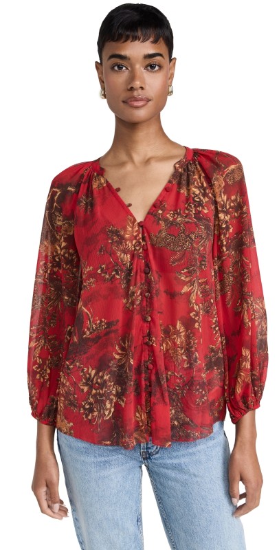 L'AGENCE Teagan Dolman Sleeve Blouse High Risk Red Mlt Jungle Toile