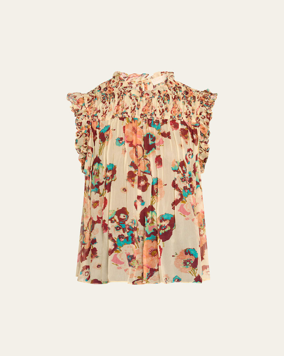Georgina Sleeveless Ruffled Floral Silk Top